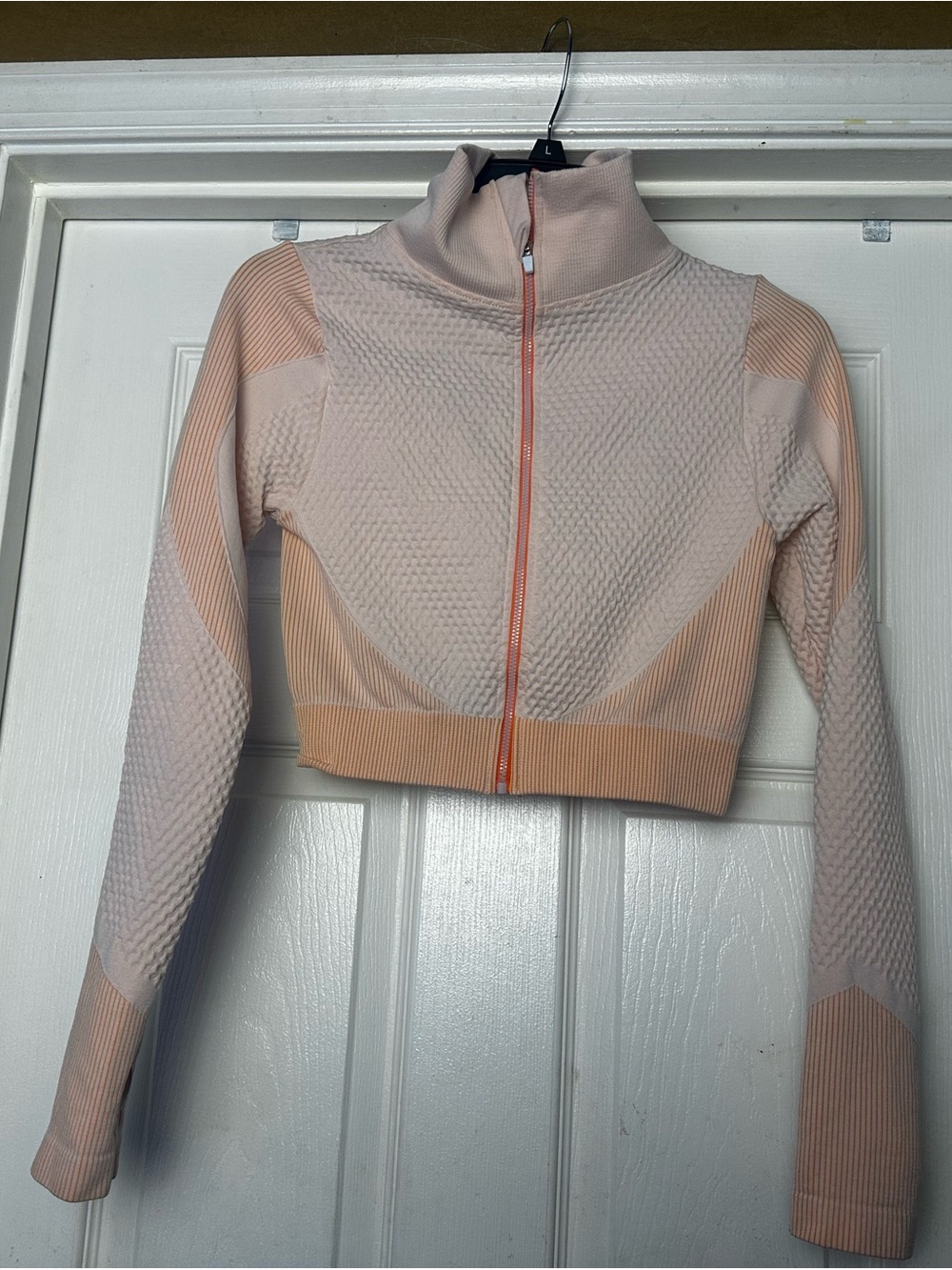 Light Pink Peach Zip-Front Textured Crop Jacket